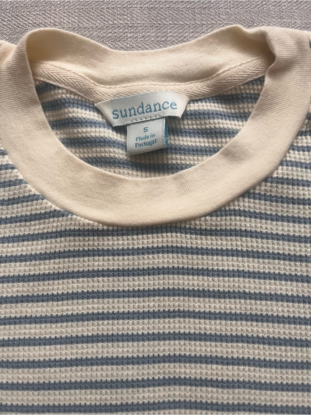 Sundance Striped Long-Sleeve Cotton Waffle Knit Top in Cream and Light Blue - Picture 5 of 13